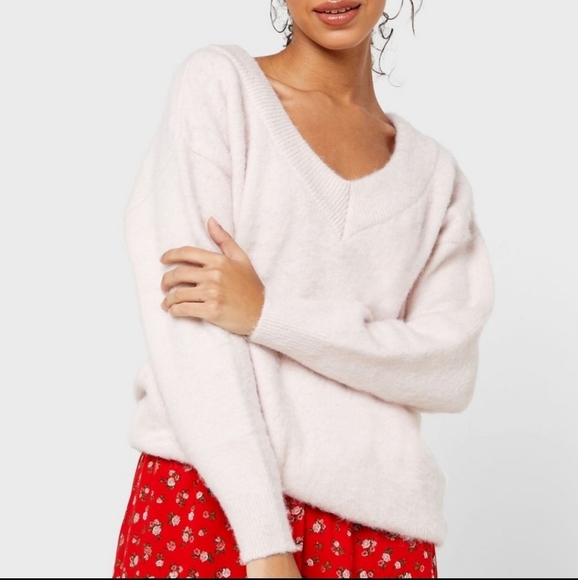 TOPSHOP Knit Brushed Bardot‎ Sweater in Light Pink - Picture 1 of 10